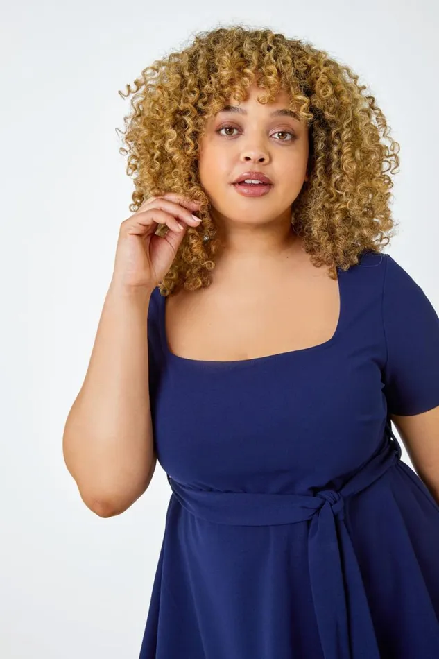 Navy Curve Stretch Belted Peplum Top Women Roman Tops