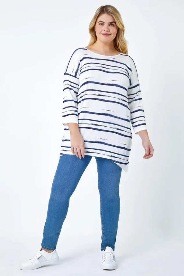 Navy Curve Stripe Hanky Hem Stretch Top Women Roman Tops