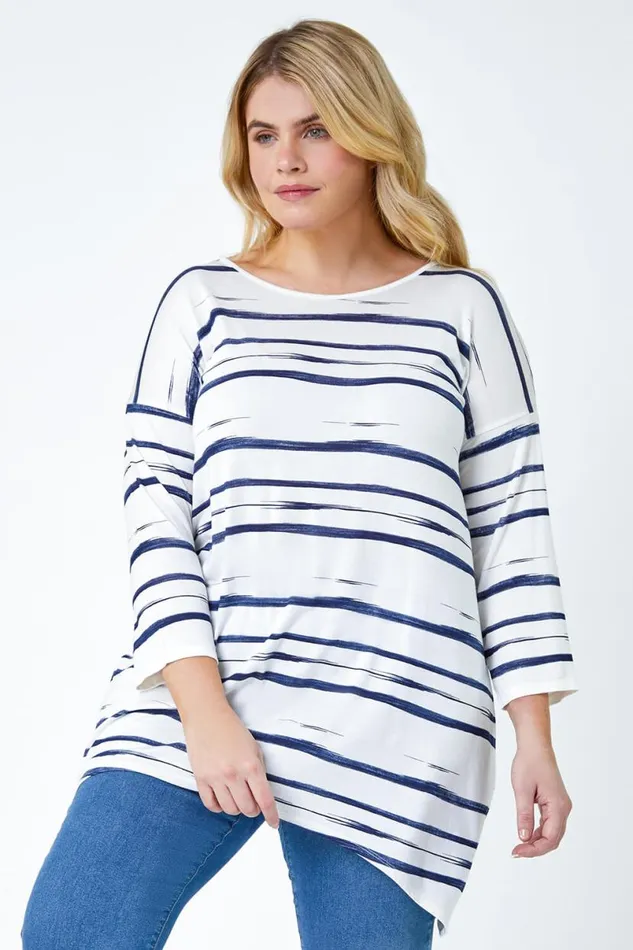 Navy Curve Stripe Hanky Hem Stretch Top Women Roman Tops
