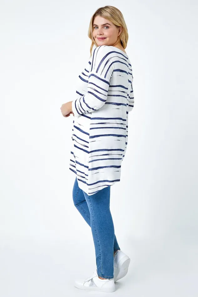 Navy Curve Stripe Hanky Hem Stretch Top Women Roman Tops
