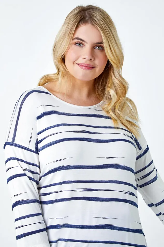 Navy Curve Stripe Hanky Hem Stretch Top Women Roman Tops