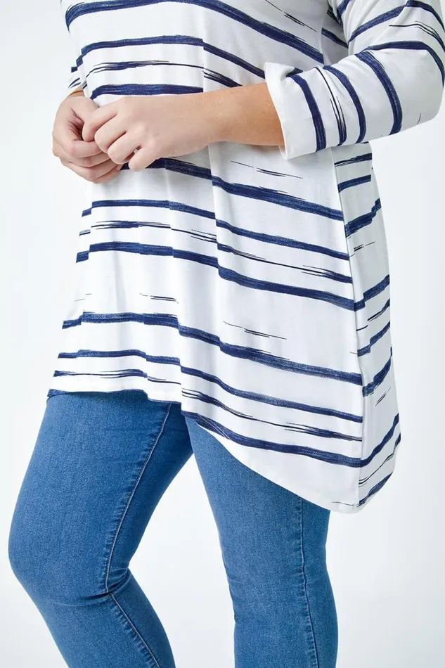 Navy Curve Stripe Hanky Hem Stretch Top Women Roman Tops