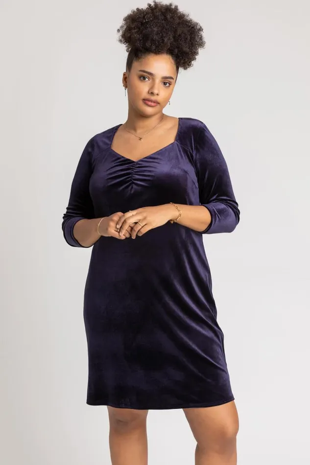Navy Curve Sweetheart Neck Velvet Dress Women Roman Dresses