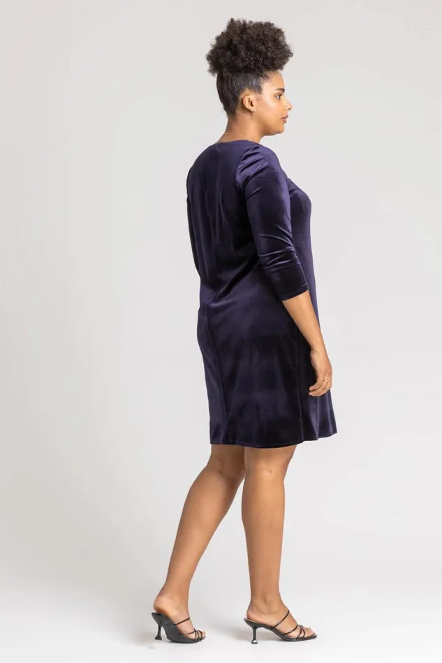 Navy Curve Sweetheart Neck Velvet Dress Women Roman Dresses