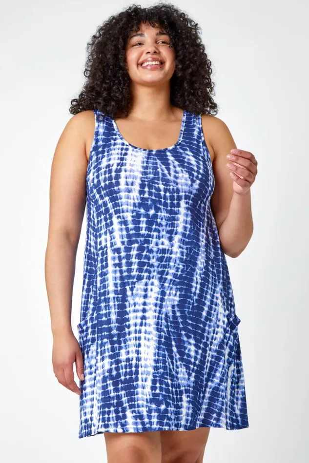 Navy Curve Tie Dye Stretch Swing Dress Women Roman Dresses