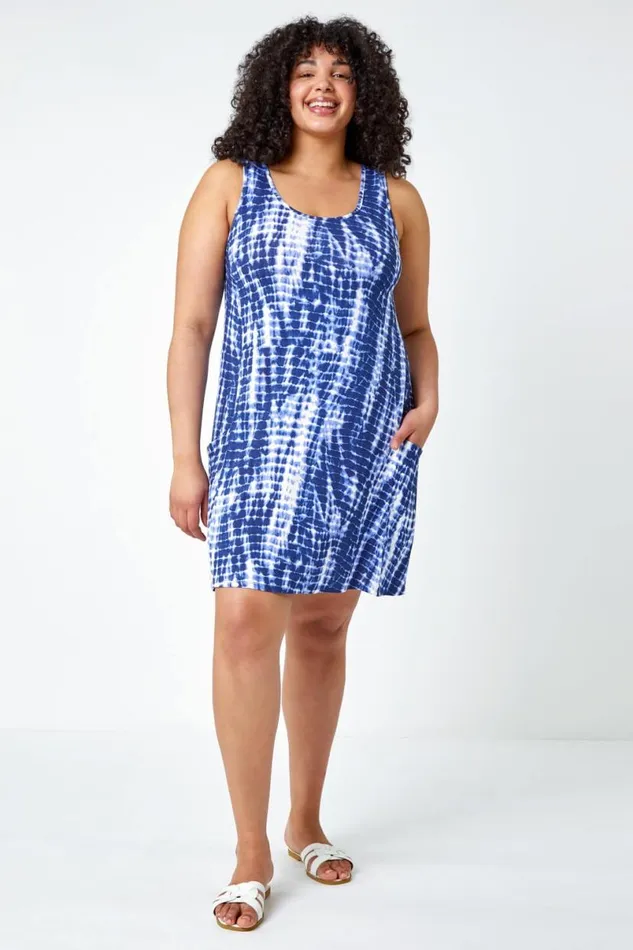 Navy Curve Tie Dye Stretch Swing Dress Women Roman Dresses