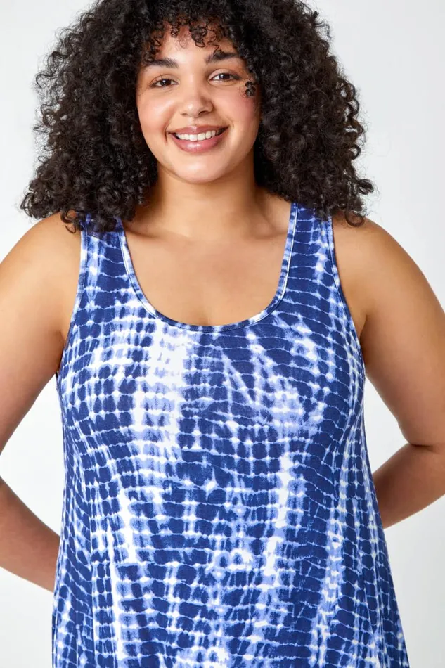 Navy Curve Tie Dye Stretch Swing Dress Women Roman Dresses