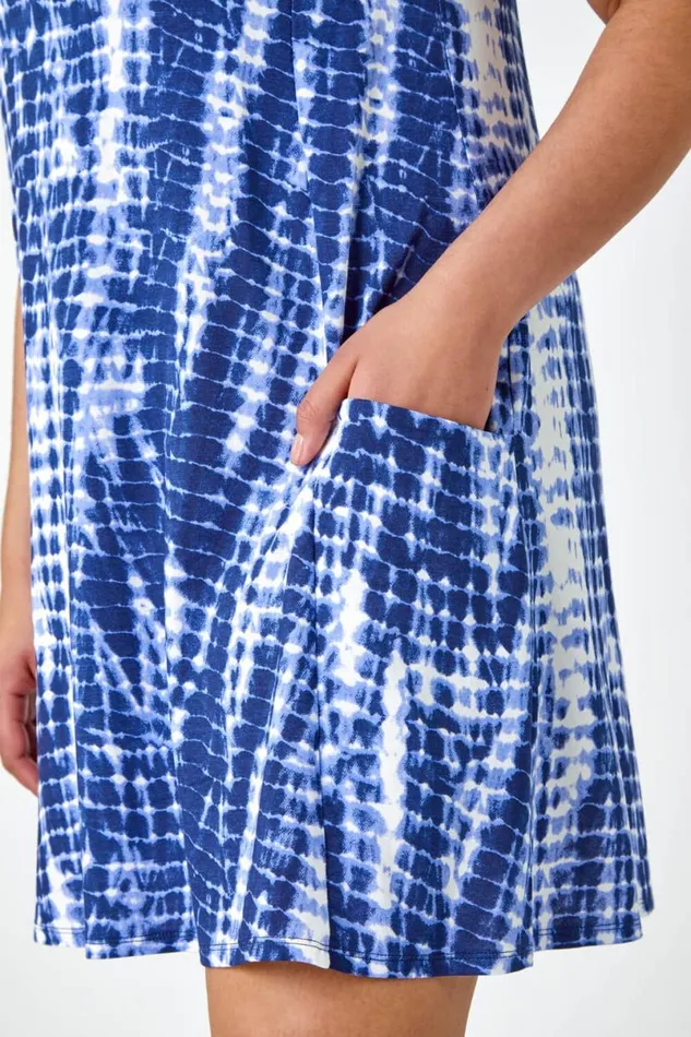 Navy Curve Tie Dye Stretch Swing Dress Women Roman Dresses