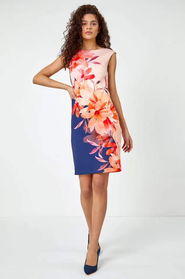 Navy Floral Premium Stretch Shift Dress Women Roman Dresses