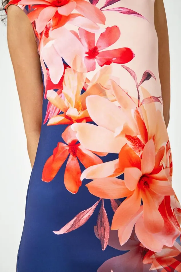 Navy Floral Premium Stretch Shift Dress Women Roman Dresses
