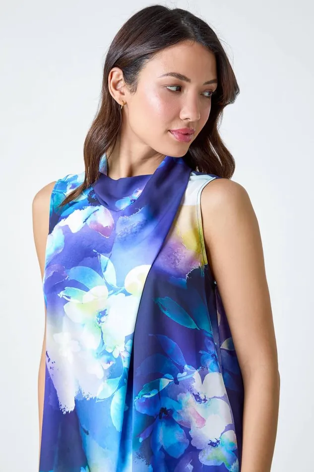 Navy Floral Print High Neck Top Women Roman Tops
