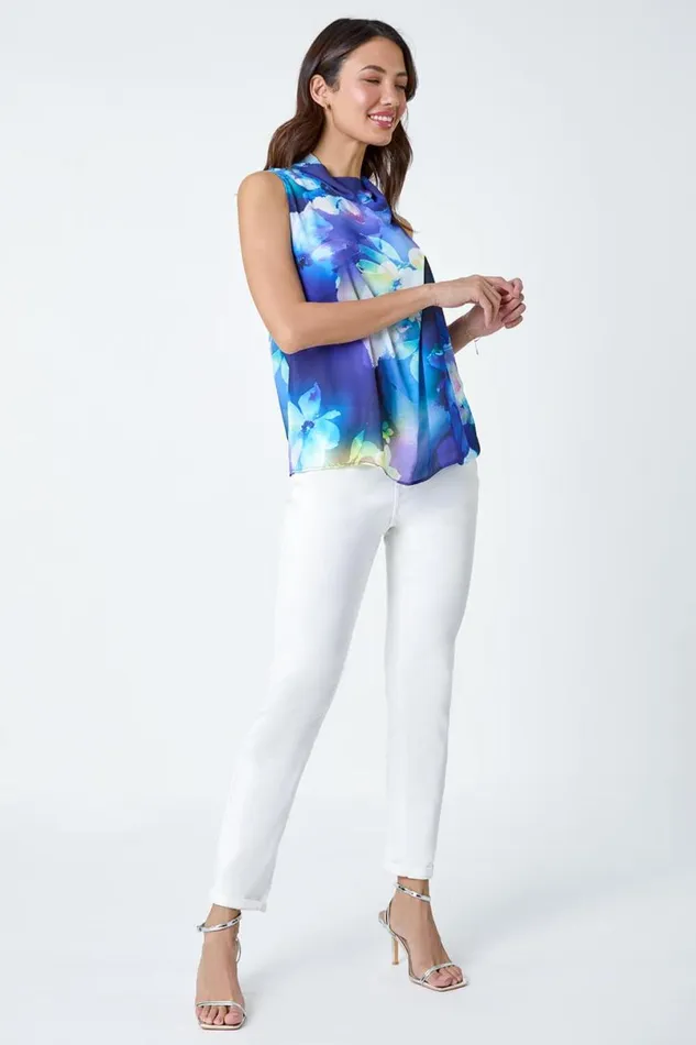 Navy Floral Print High Neck Top Women Roman Tops