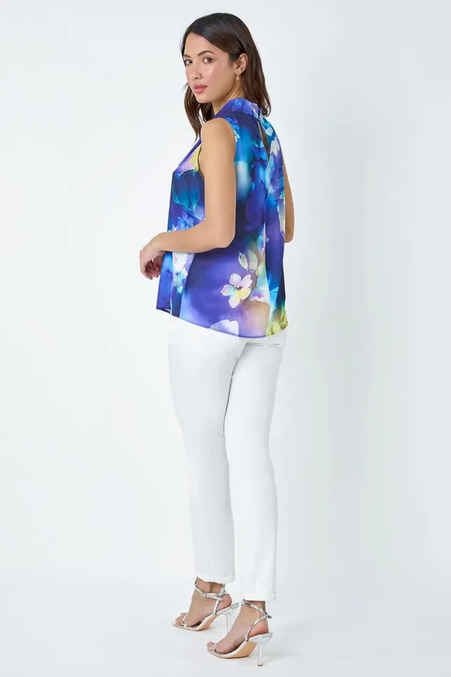 Navy Floral Print High Neck Top Women Roman Tops