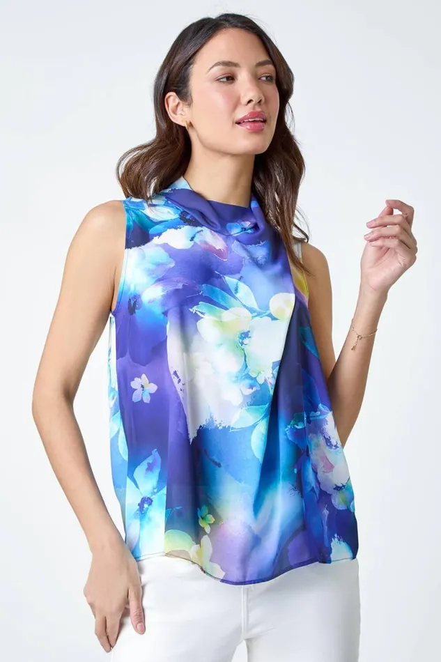 Navy Floral Print High Neck Top Women Roman Tops