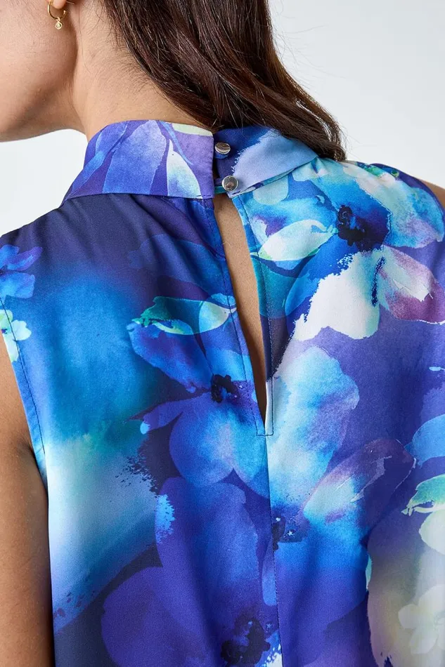 Navy Floral Print High Neck Top Women Roman Tops