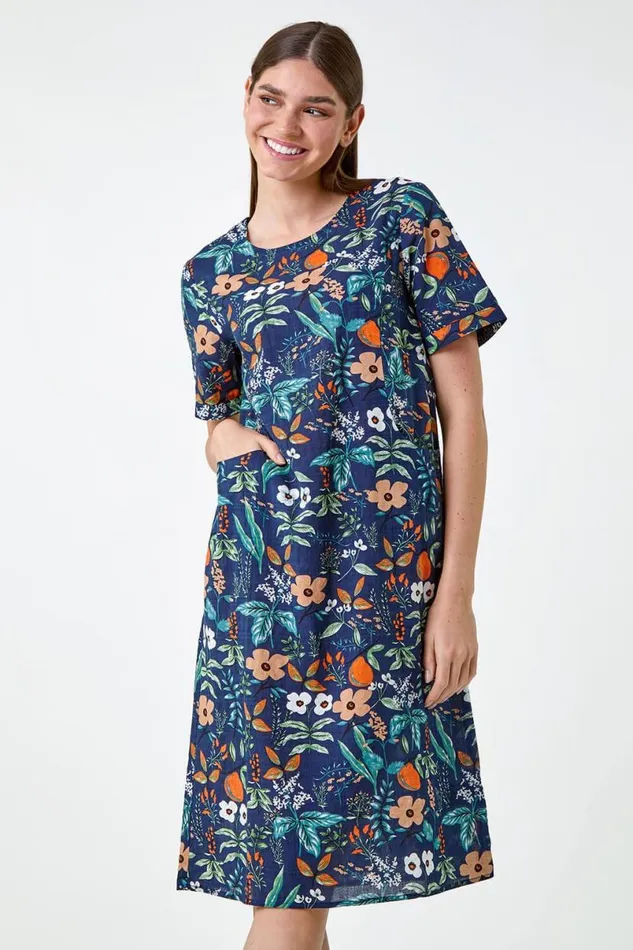 Navy Floral Print Pocket Shift Dress Women Roman Dresses