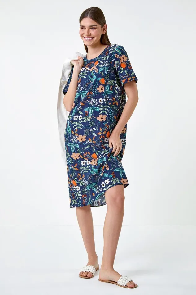 Navy Floral Print Pocket Shift Dress Women Roman Dresses