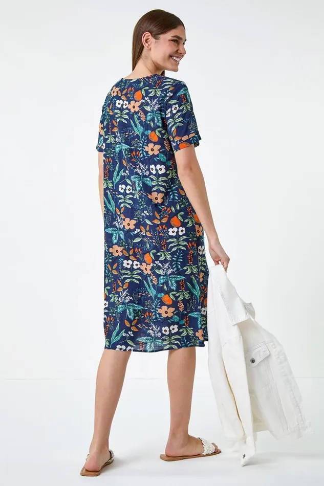 Navy Floral Print Pocket Shift Dress Women Roman Dresses