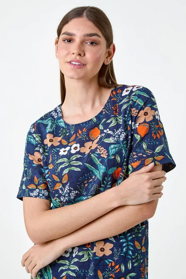 Navy Floral Print Pocket Shift Dress Women Roman Dresses