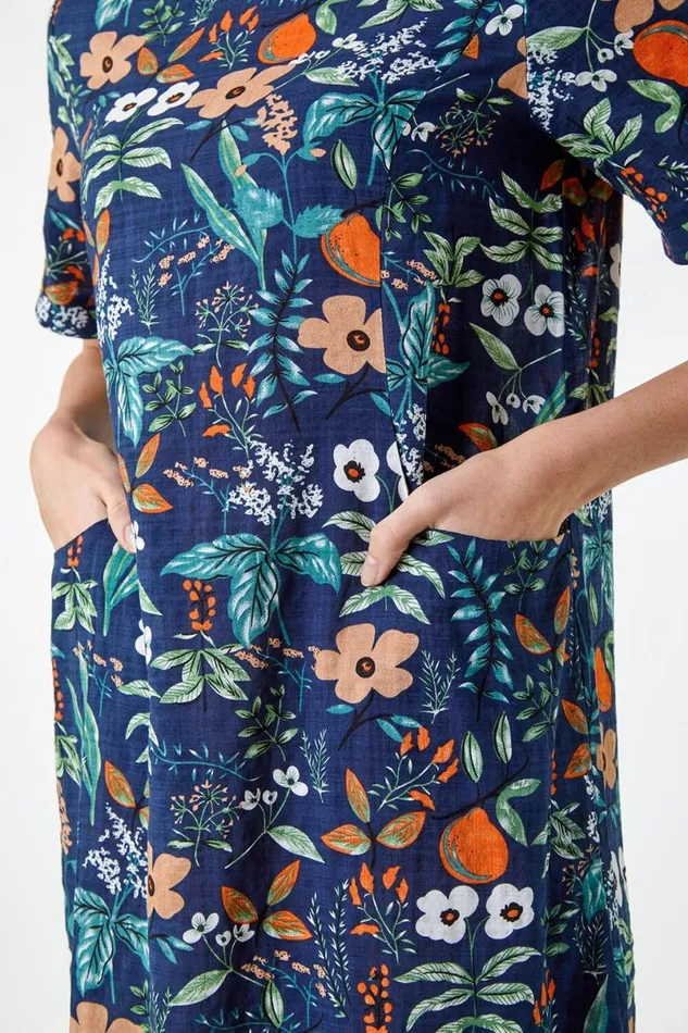 Navy Floral Print Pocket Shift Dress Women Roman Dresses