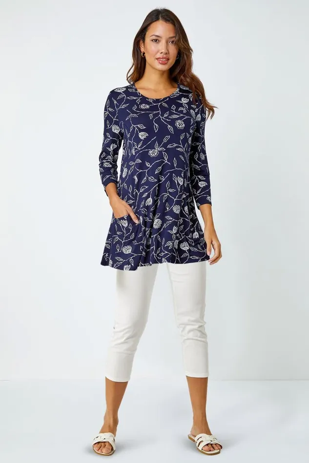 Navy Floral Print Pocket Swing Stretch Top Women Roman Tops