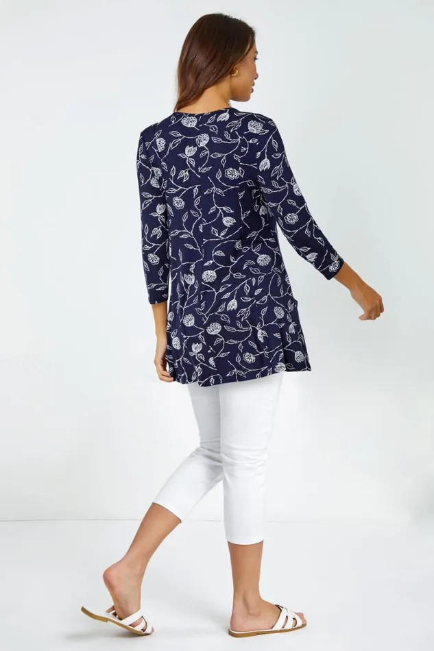 Navy Floral Print Pocket Swing Stretch Top Women Roman Tops