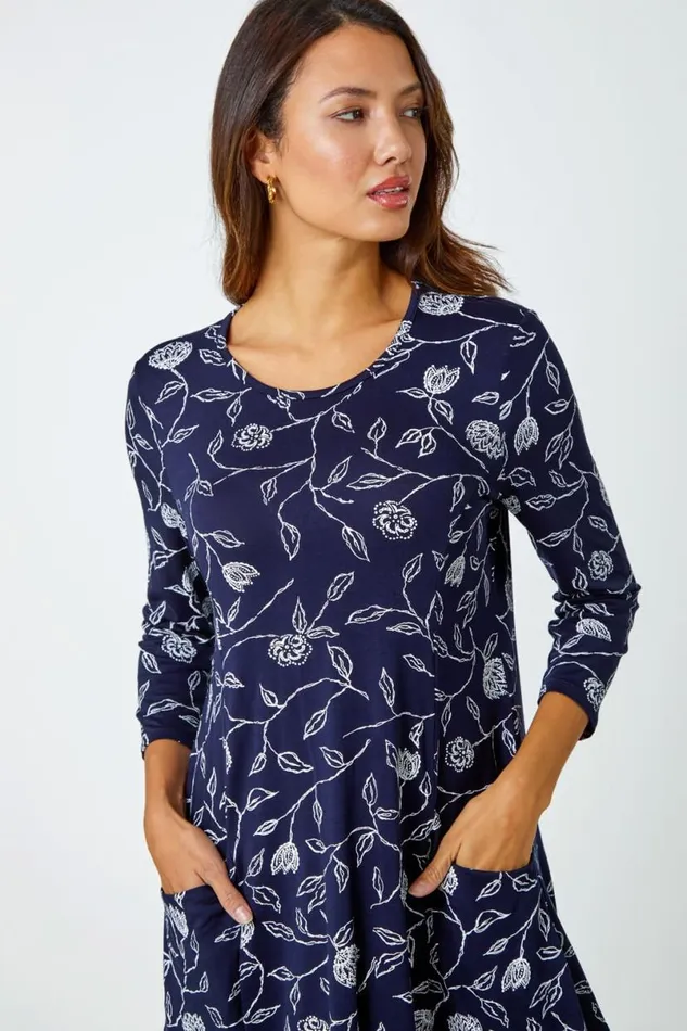 Navy Floral Print Pocket Swing Stretch Top Women Roman Tops