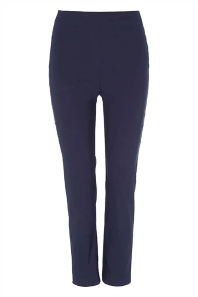 Navy Full Length Elastic Waist Stretch Trousers Women Roman Trousers