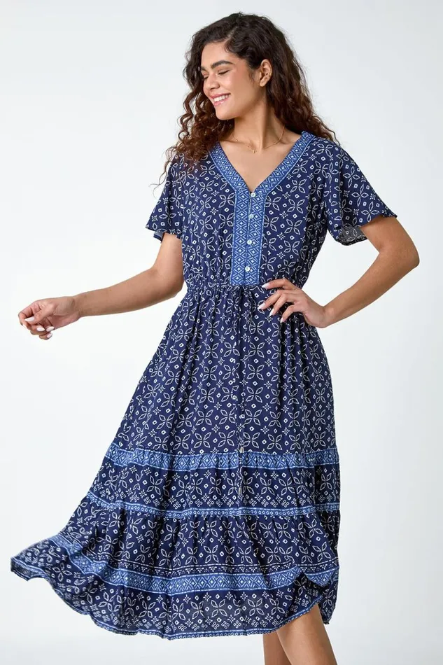 Navy Geometric Floral Border Print Frill Dress Women Roman Dresses