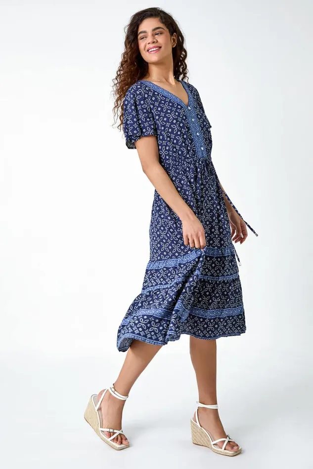 Navy Geometric Floral Border Print Frill Dress Women Roman Dresses
