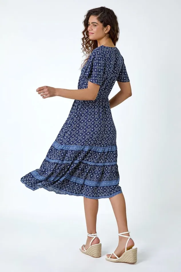 Navy Geometric Floral Border Print Frill Dress Women Roman Dresses