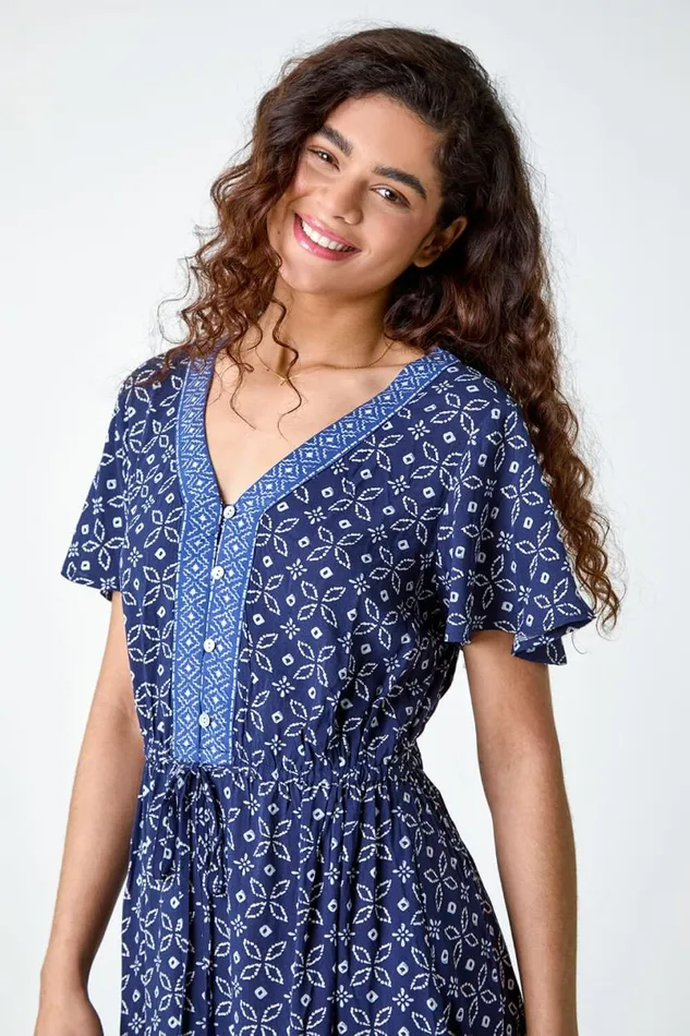 Navy Geometric Floral Border Print Frill Dress Women Roman Dresses