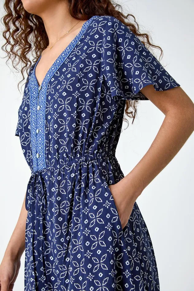 Navy Geometric Floral Border Print Frill Dress Women Roman Dresses