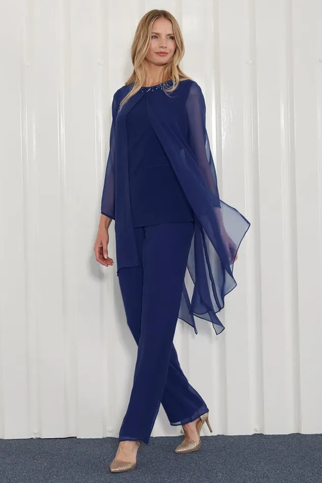Navy Julianna Chiffon Embellished Top and Trouser Set Women Roman Tops