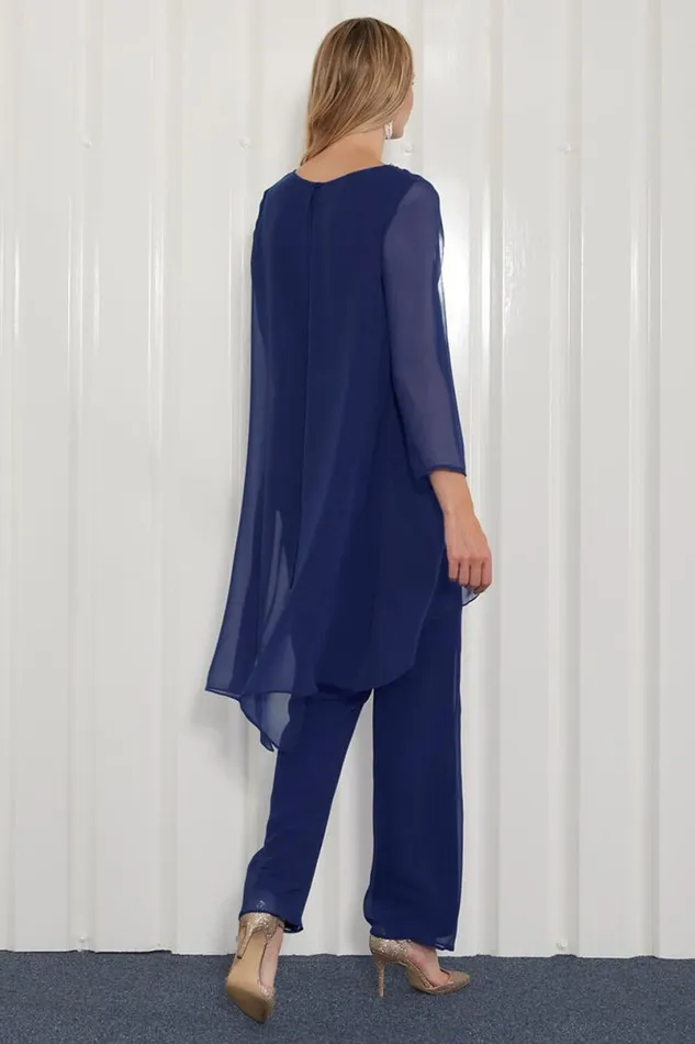 Navy Julianna Chiffon Embellished Top and Trouser Set Women Roman Tops