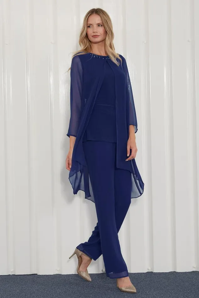 Navy Julianna Chiffon Embellished Top and Trouser Set Women Roman Tops