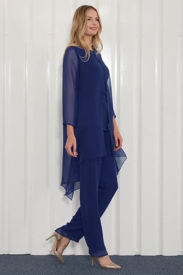Navy Julianna Chiffon Embellished Top and Trouser Set Women Roman Tops