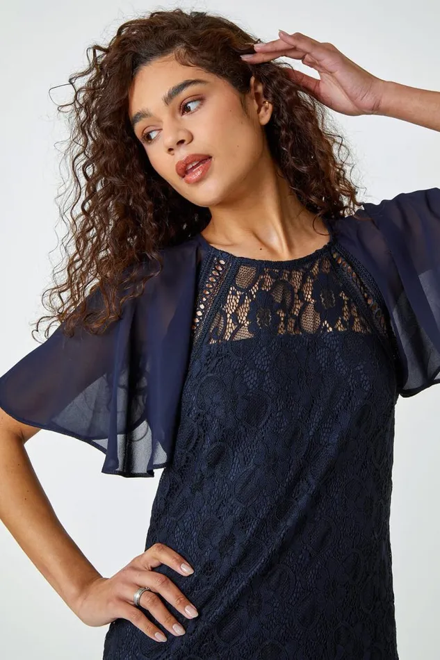 Navy Lace Chiffon Sleeve Shell Top Women Roman Tops