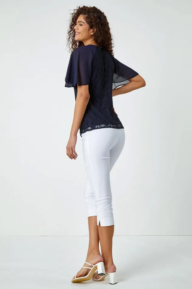 Navy Lace Chiffon Sleeve Shell Top Women Roman Tops