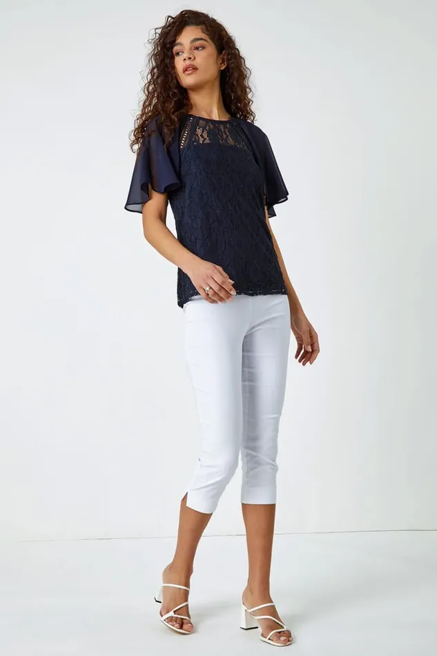 Navy Lace Chiffon Sleeve Shell Top Women Roman Tops