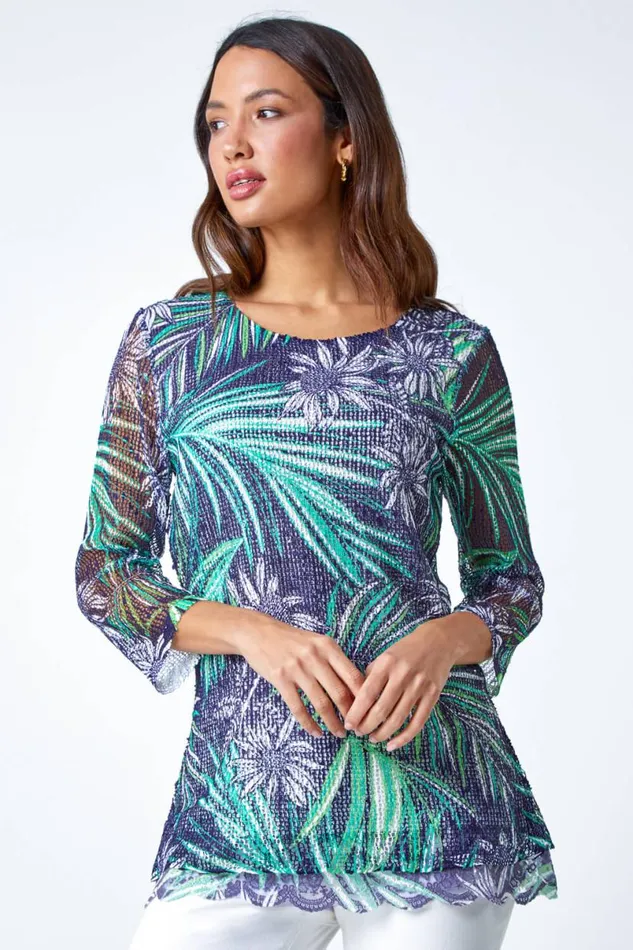Navy Lace Trim Tropical Mesh Overlay Top Women Roman Tops