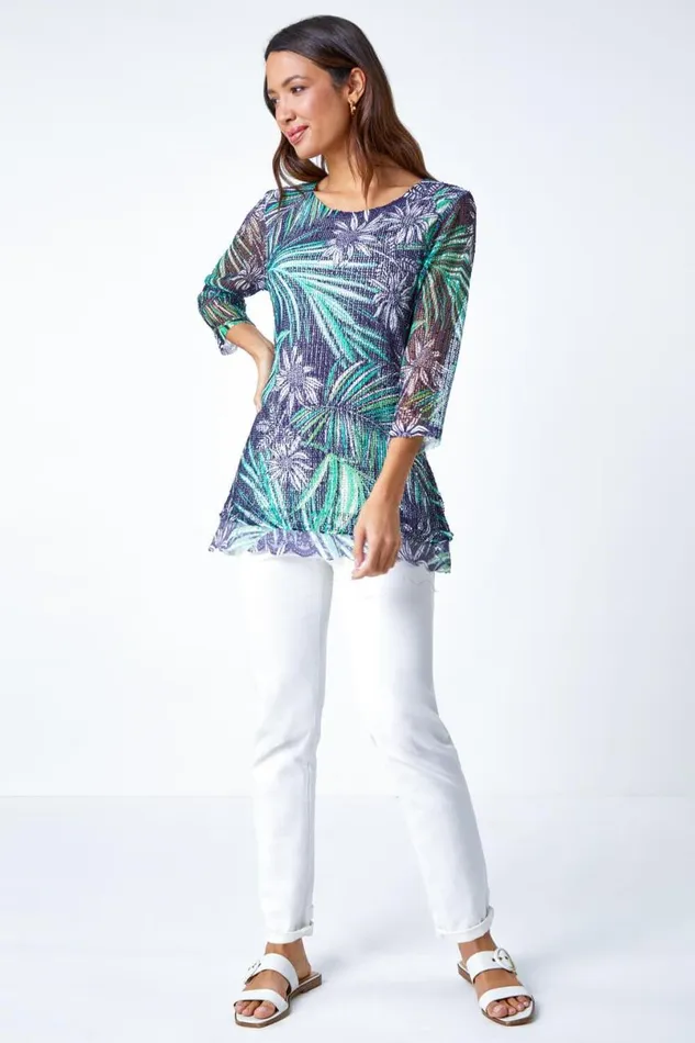 Navy Lace Trim Tropical Mesh Overlay Top Women Roman Tops