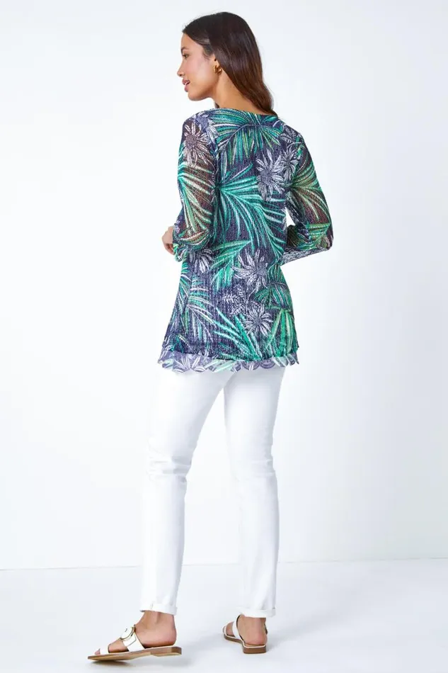 Navy Lace Trim Tropical Mesh Overlay Top Women Roman Tops