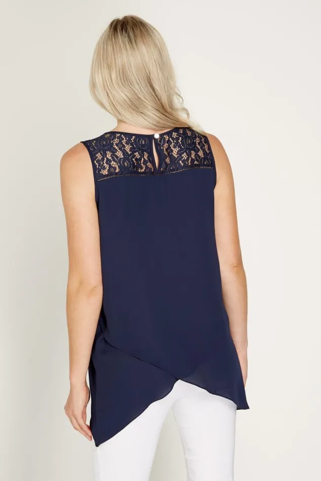 Navy Lace Yoke Asymmetric Vest Top Women Roman Tops