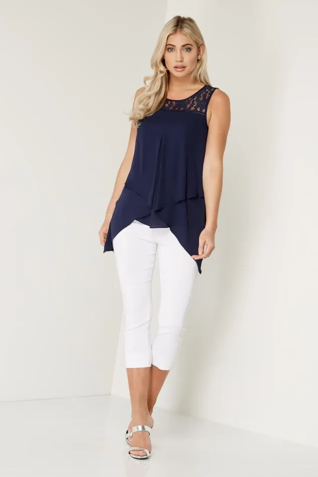 Navy Lace Yoke Asymmetric Vest Top Women Roman Tops