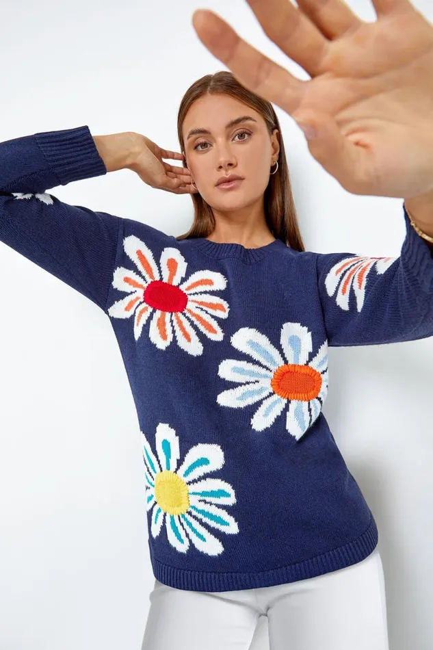 Navy Oversized Floral Print Jumper Women Roman Knitwear