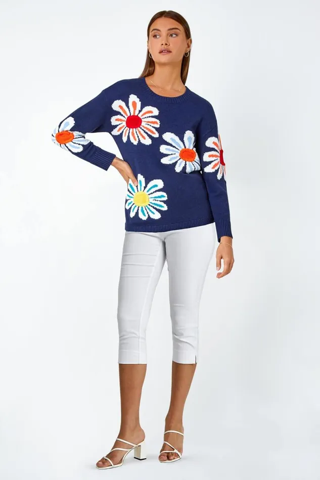 Navy Oversized Floral Print Jumper Women Roman Knitwear