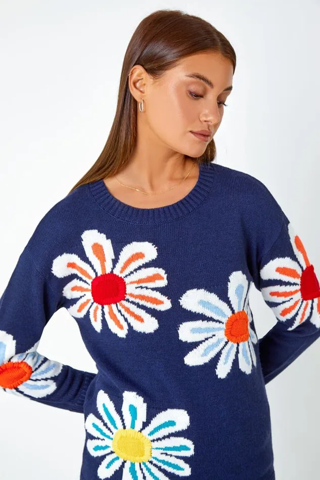 Navy Oversized Floral Print Jumper Women Roman Knitwear