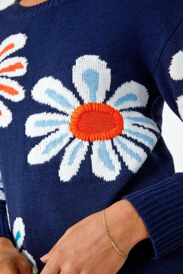 Navy Oversized Floral Print Jumper Women Roman Knitwear