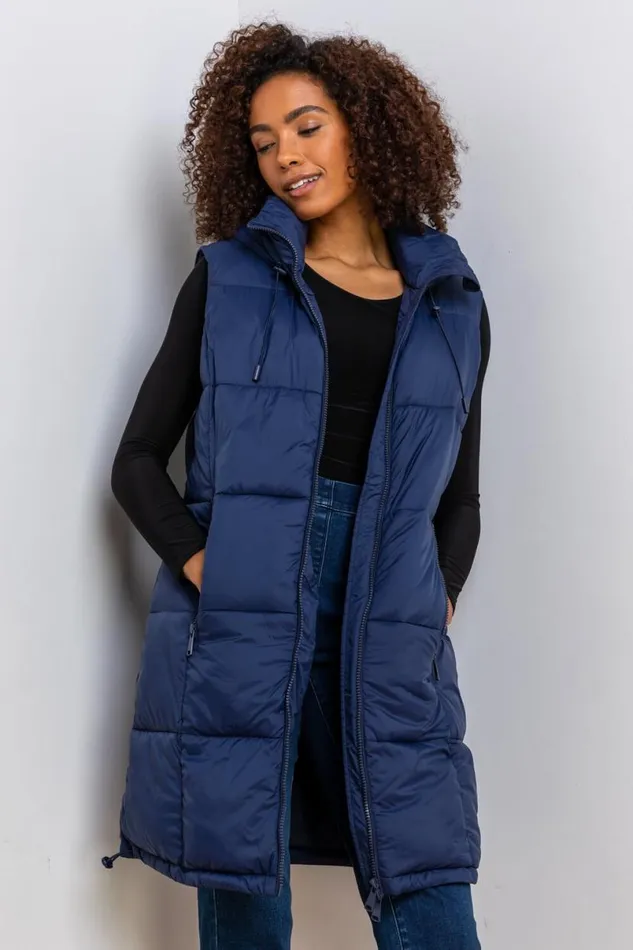 Navy Padded Longline Hooded Gilet Women Roman Jackets